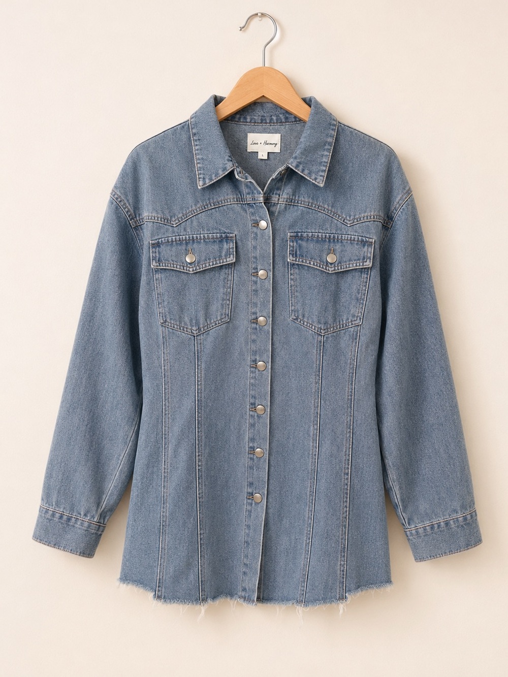 Love + Harmony Light Wash Denim Long Sleeve Button Down Denim Mini Shirt Dress - Picture 3 of 6